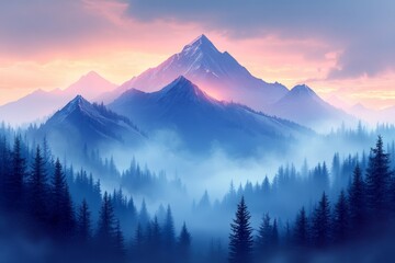 Majestic mountain sunrise, foggy forest.  Peaceful nature scene, ideal for travel