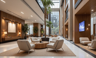 Corporate lounge area with contemporary metal chairs, wooden tables, and subtle lighting. Ambient lighting creates a relaxed atmosphere, while task lighting over seating