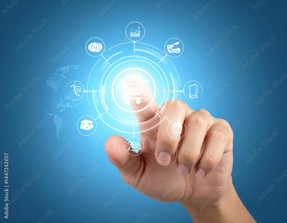 Poster a close-up of a hand gently pressing a button on top of a vibrant image, showcasing a moment of inte