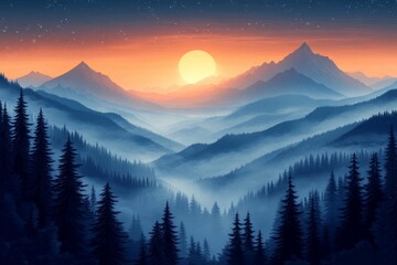 Obraz premium Misty mountain sunset landscape, serene nature scene, ideal for travel posters