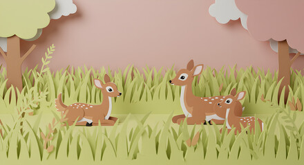 Obraz premium Adorable Deer Family Resting in a Green Paper-Cut Forest Meadow