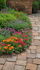 Charming cottage garden blooms on brown paving stones, vibrant green lawn , romantic, idyllic