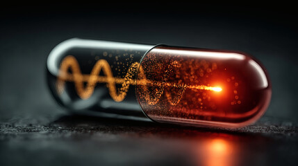 Abstract Capsule with Light Wave Inside on Dark Background