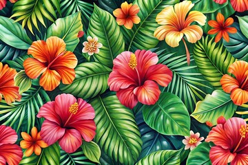 Colorful tropical flower pattern with many flowers and leaves