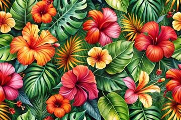 Naklejka premium Colorful tropical flower pattern with many different colored flowers