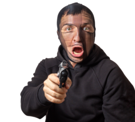 Isolated robber with a stocking on his head and a gun in his hands on a white background