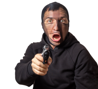 Isolated robber with a stocking on his head and a gun in his hands on a white background