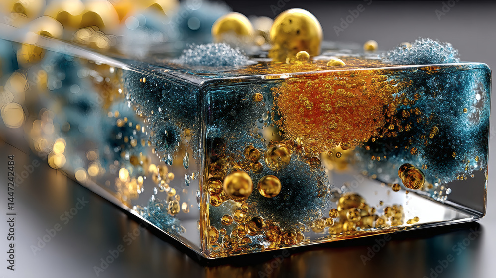 Poster abstract close-up of colorful bubbles and particles in clear resin
