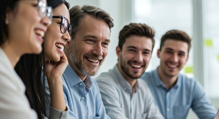 Diverse group of happy business professionals smiling and laughing during a team meeting, showcasing collaboration and positive office environment.