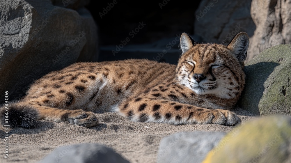 Poster resting leopard with a coat of rich colors lying in the sun with dark spots perfect focus on the det