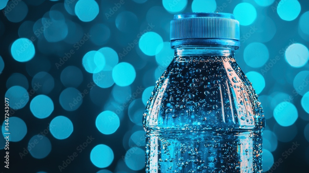 Poster close-up of clear water bottle with bubbles and blue bokeh background ideal for refreshment and hydr