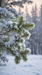 Delicate snow-laden evergreen branch against a serene winter landscape , white, texture, rural