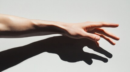 A hand with fingers extended, casting shadows on a white background