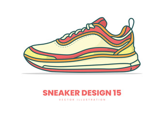 Fashion Sneaker Vector Illustration. Bright and bold, this sneaker pops with warm yellow and red tones perfect for vibrant fashion and youth branding.