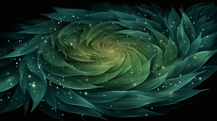 Abstract Green Spiral Design with Leaves and Stars on Dark Background