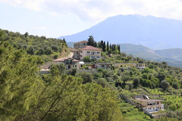 Fototapeta premium View of the landscape near the city of Berat seen from the fortress of Kalaja, Albania 