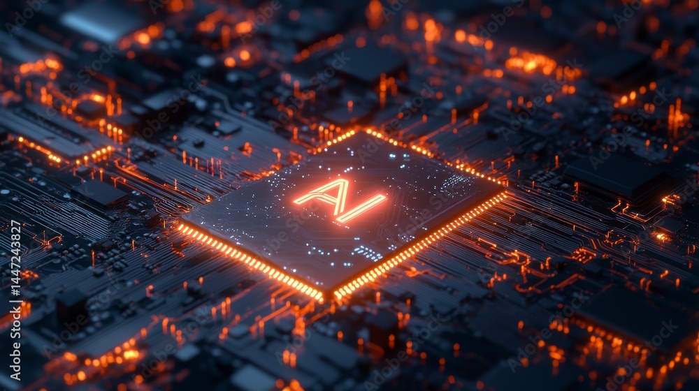 Poster illuminated circuit board with glowing central processor and stylized 'z' symbol
