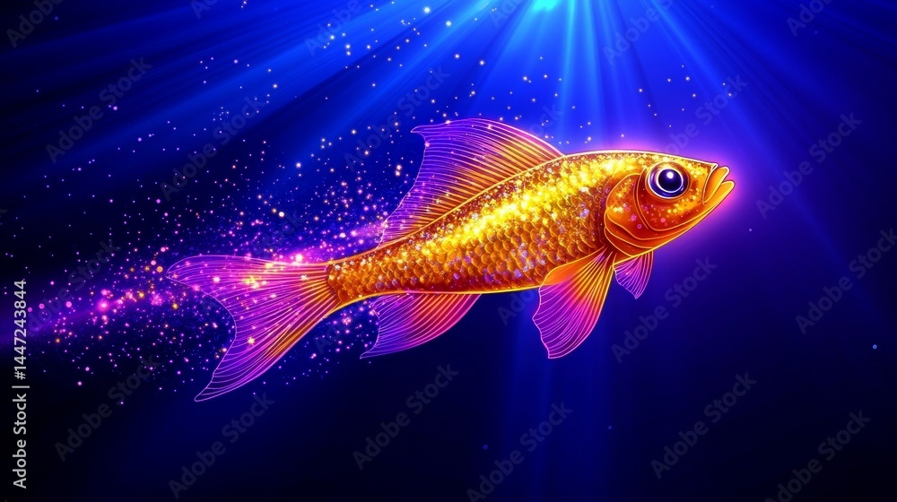 Poster radiant goldfish swimming in deep blue water with shimmering particle trails and ethereal light beam