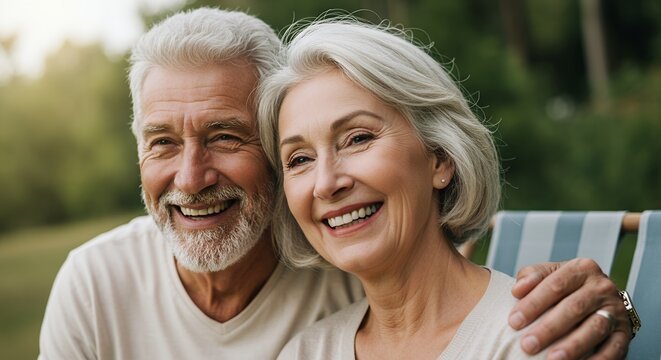 Happy senior couple smiling and embracing outdoors. Elderly man and woman with gray hair laughing together, enjoying a sunny day in nature, showing joy.