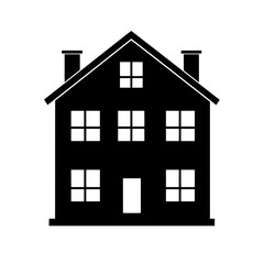 Minimal black residential house icon with flat roof, twin chimneys, and four-pane window layout for real estate concepts