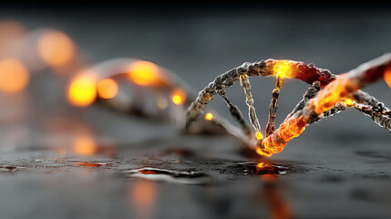 Abstract illustration of glowing DNA strand on dark background