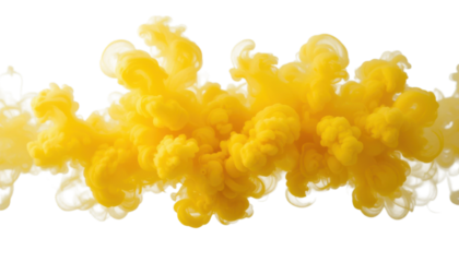 Dynamic yellow ink clouds swirling in water, forming abstract patterns against a light backdrop, perfect for creative and artistic projects.
