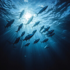 A massive school of tuna swimming through the deep blue ocean, their bodies flashing silver in the sunlight