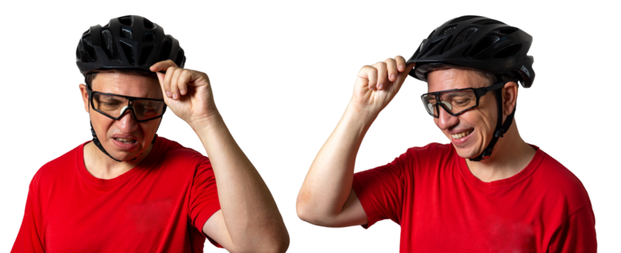 Isolated frustrated cyclist in helmet and red t-shirt on white background