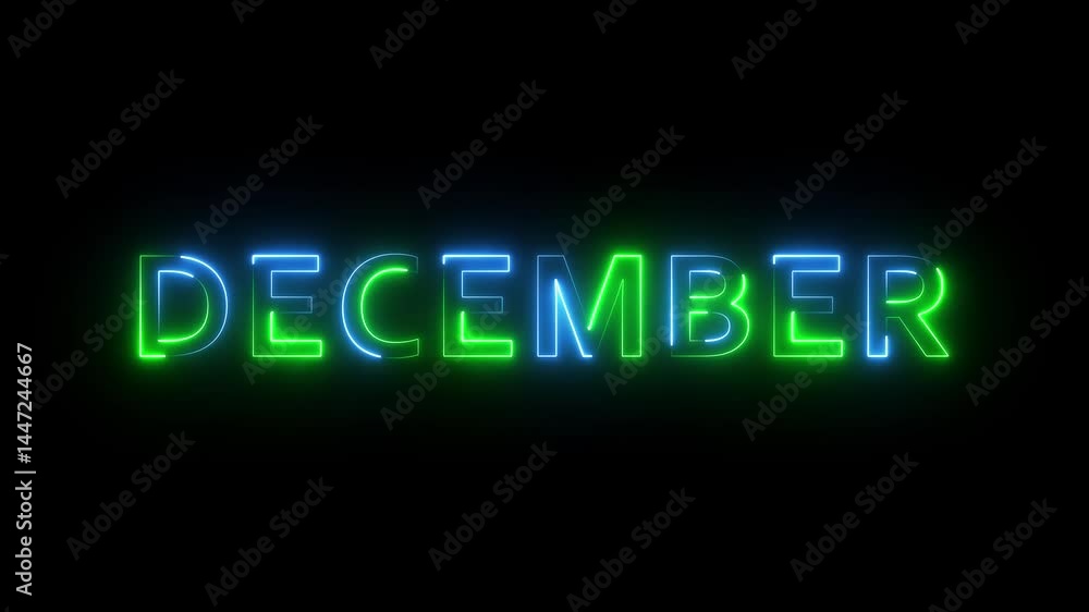 Poster glowing colorful neon text month of december. neon light sign with the name of the month of december