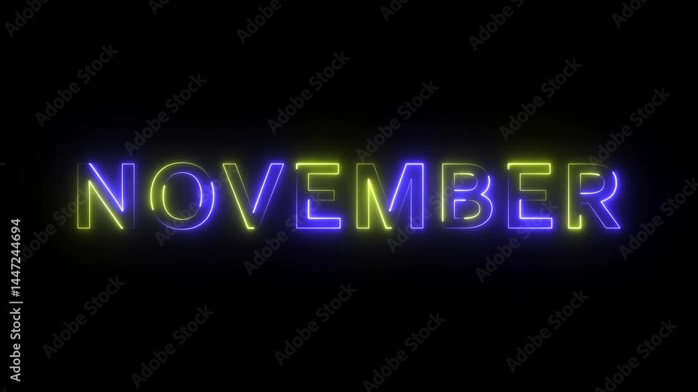 Poster glowing colorful neon text month of november. abstract glowing neon light sign with the name of the 