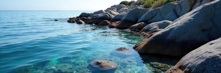 Fototapeta premium Smooth, dark coastal rocks meet calm, clear water , peace, shadow