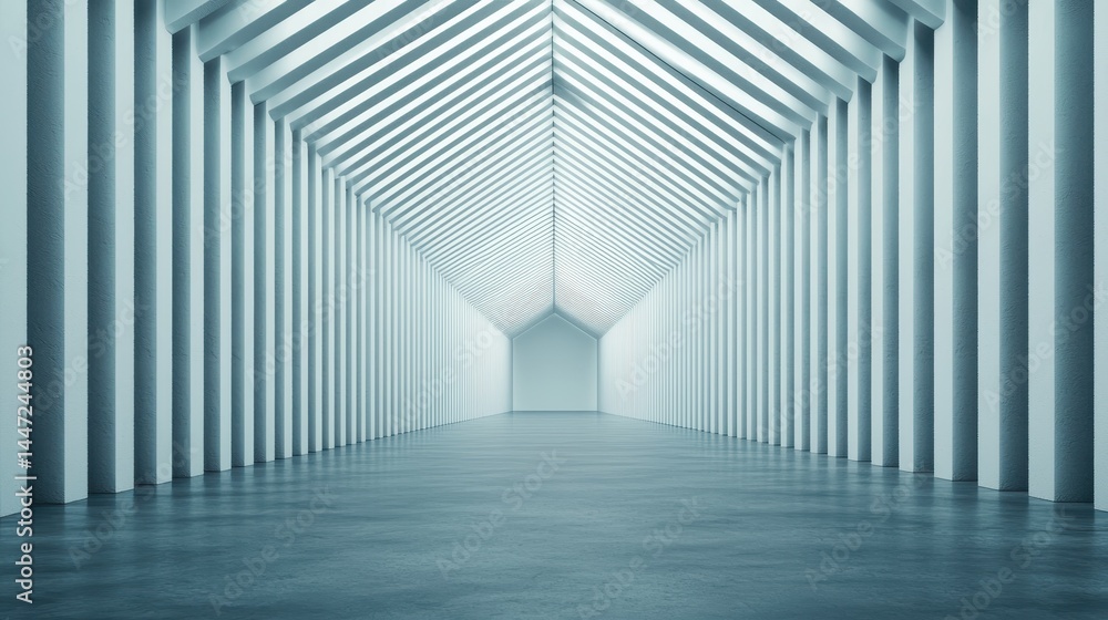Poster modern architectural space with symmetrical columns and bright ceiling in minimalist design