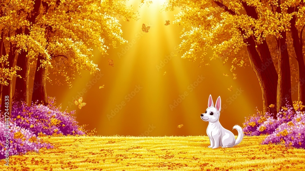 Poster enchanting pixelated autumn forest scene with golden light filtering through the foliage and a cute 