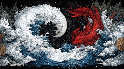 Fototapeta premium Celestial collision of moon and fiery dragon amidst swirling nebulae a cosmic dance of opposing forces artistry in astrophotography style