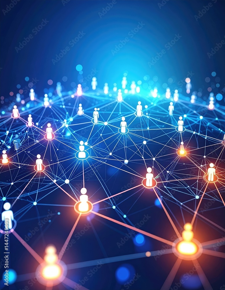 Poster a diverse group of individuals forming a vibrant network, symbolizing connections through lines and 