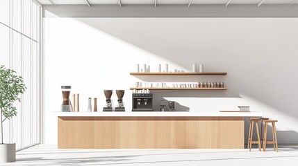 Minimalist coffee shop with clean lines and premium single-origin coffee beans..