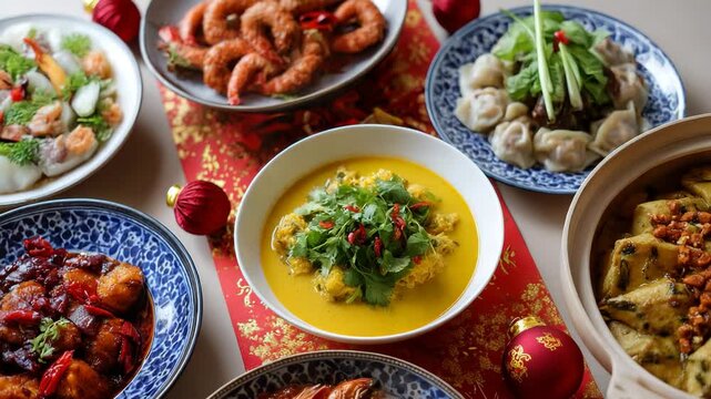 An enticing spread of diverse culinary delights on a festive table, showcasing a variety of dishes, representing cultural traditions and the joy of sharing meals with loved ones.