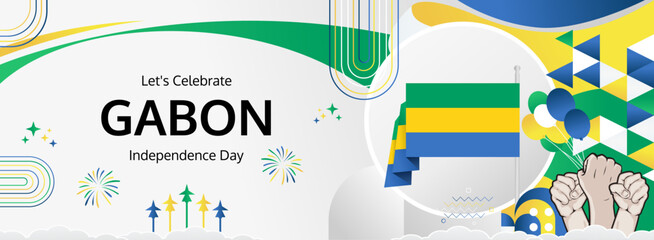 Gabon Independence Day modern greeting banner. 17 August Happy National Day. Festive horizontal templates in flag colors, great for carnival event, creative poster, tourism campaign, and holiday sale