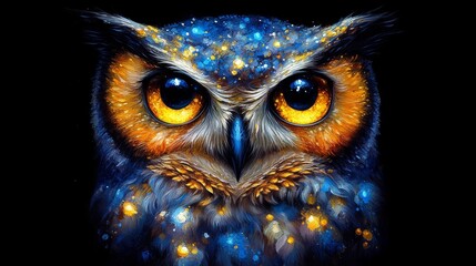 Majestic starlit owl portrait with luminous golden eyes against a deep dark background a mystical and celestial illustration of nature's wisdom