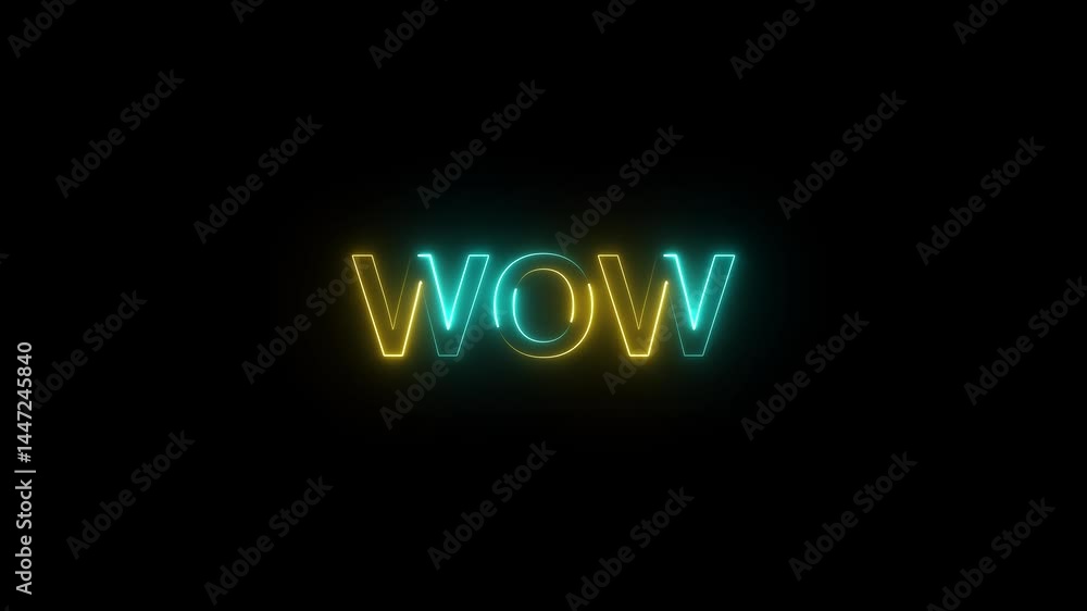 Poster wow neon sign animation. glowing neon lines wow text 4k animation isolated on black background. seam