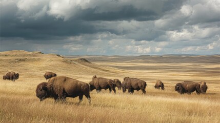 Bison Herd Grazing Under Dramatic Prairie Sky