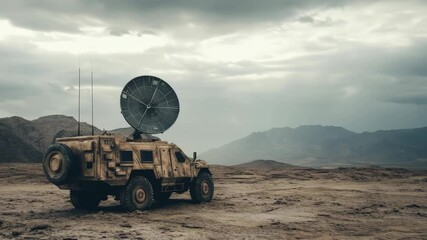 Military vehicle with satellite dish in rugged landscape