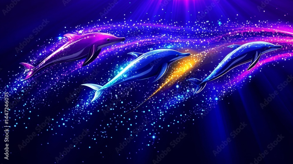 Poster luminous dolphins glide through a sea of twinkling starlight, creating a magical display of aquatic 