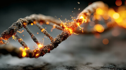 Abstract representation of glowing DNA strand on dark background