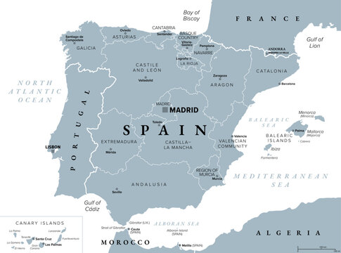 Spain, autonomous communities, gray political map. First-level administrative divisions with limited autonomy to 17 autonomous communities and the two cities Ceuta and Melilla. Illustration. Vector