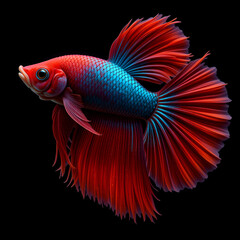 Fototapeta premium Rhythmic of Betta fish, siamese fighting fish betta splendens (Halfmoon Red Dragon betta ),isolated on black background.