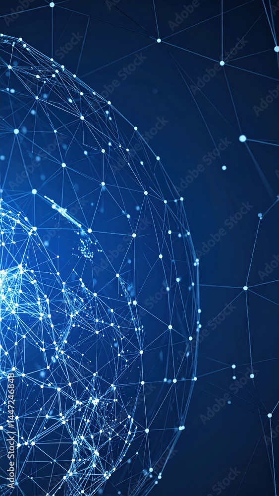 Poster a 3d sphere composed of interconnected lines and vibrant dots, symbolizing a network or digital conn