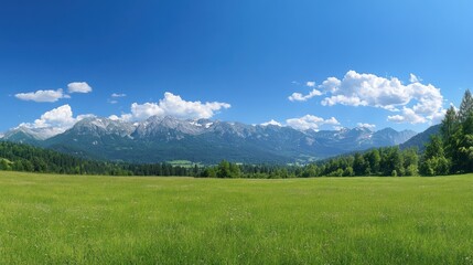 Vibrant meadow contrasting snow-capped mountains under clear blue skies backdrop
