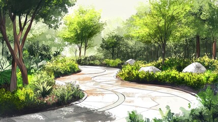 Artistic rendering showcasing a tranquil path winding through lush verdant scenery