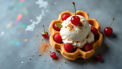 top view of delicious ice cream with waffles and strawberries near cherries on marble grey